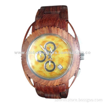 Wood Wrist Watch with Stainless Steel Buckle, Japan Movement with Calendar